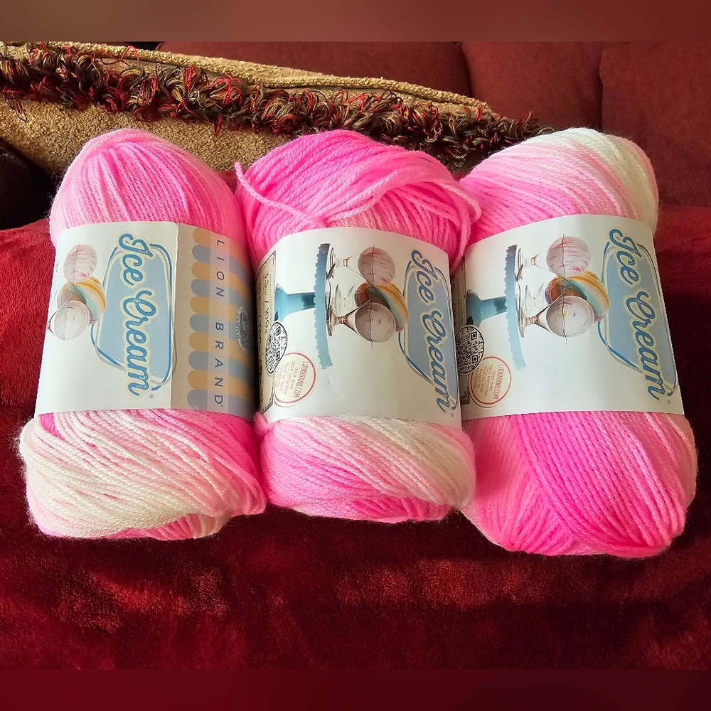 NWT 3-skein Bundle Lion Brand Ice Cream Acrylic Yarn - Birthday Cake.